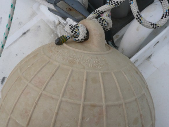 Flotteur de pêcheurs de perle. On les trouve partout sur les récifs au vent. Nous nous en servons pour sécuriser le mouillage et éviter que la chaine ne s’emmêle dans les patates de corail.